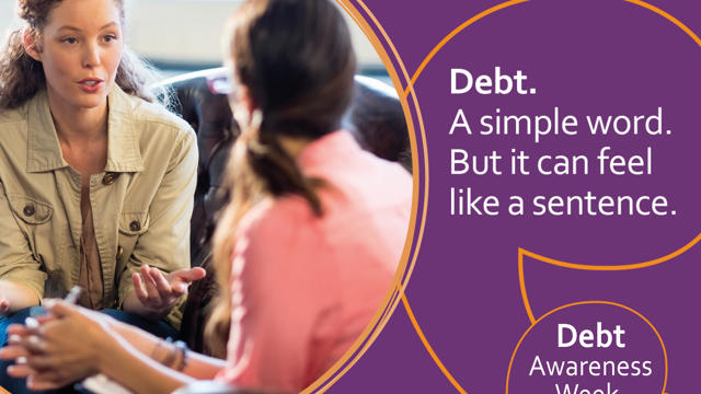 Purple debt awareness poster with employee talking to a customer 
