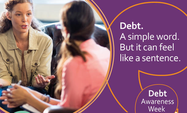 Purple debt awareness poster with employee talking to a customer 