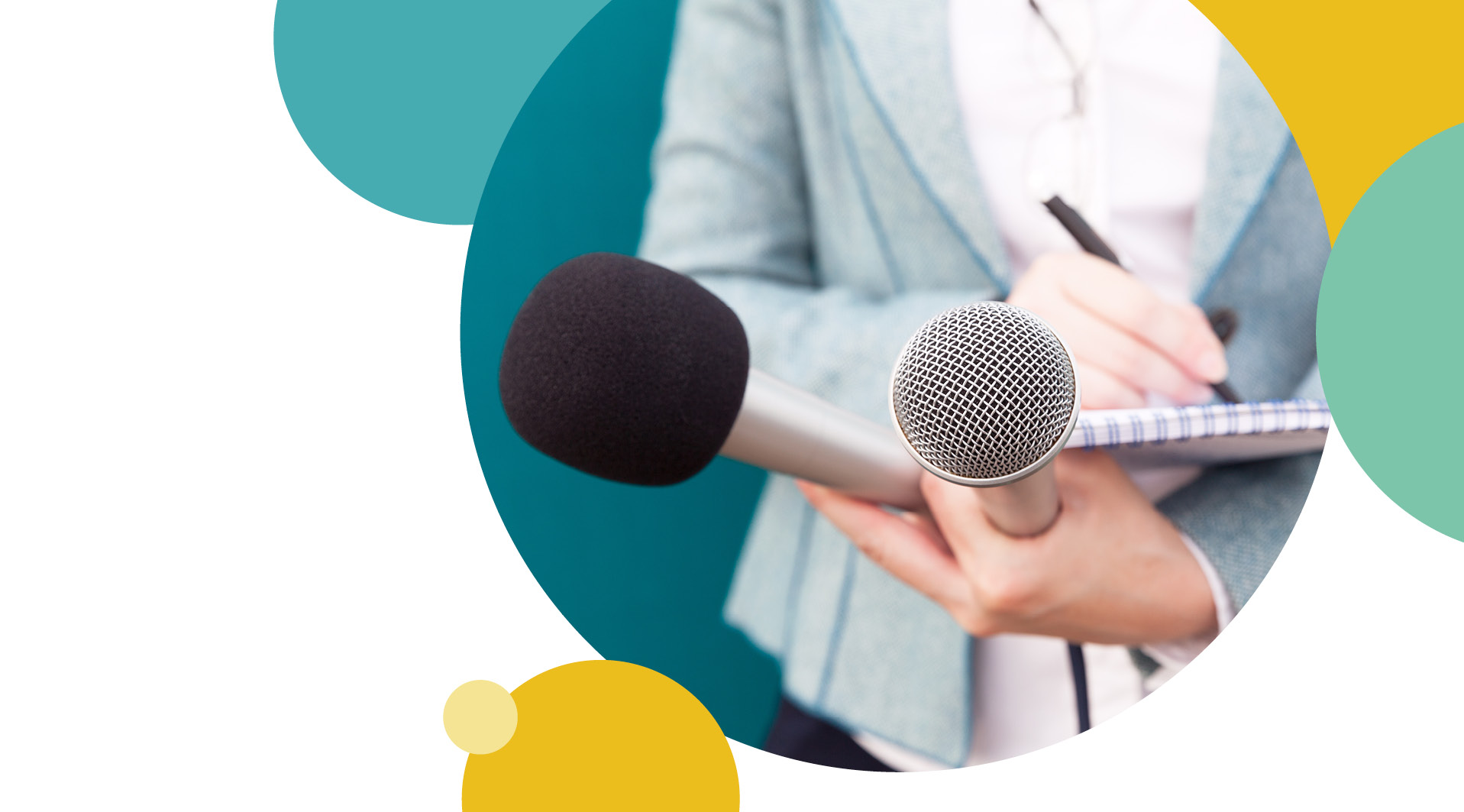 Woman carrying microphones as well as writing on a note pad