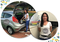 Woman filling her car boot with cleaning products 