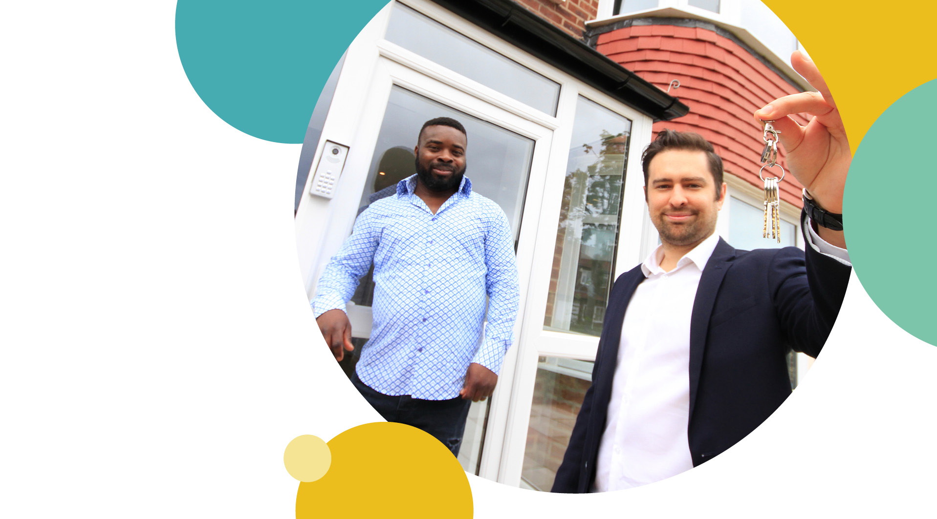 Two men showing their keys to their new property 