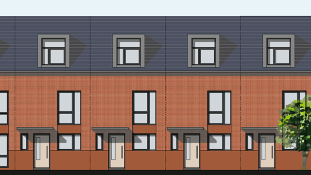 Four houses in a row with white front doors and multiple windows 