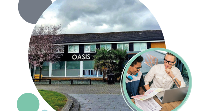 Oasis centre next to an image of two men studying for their test 