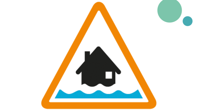 A triangle sign with a house being flooded 