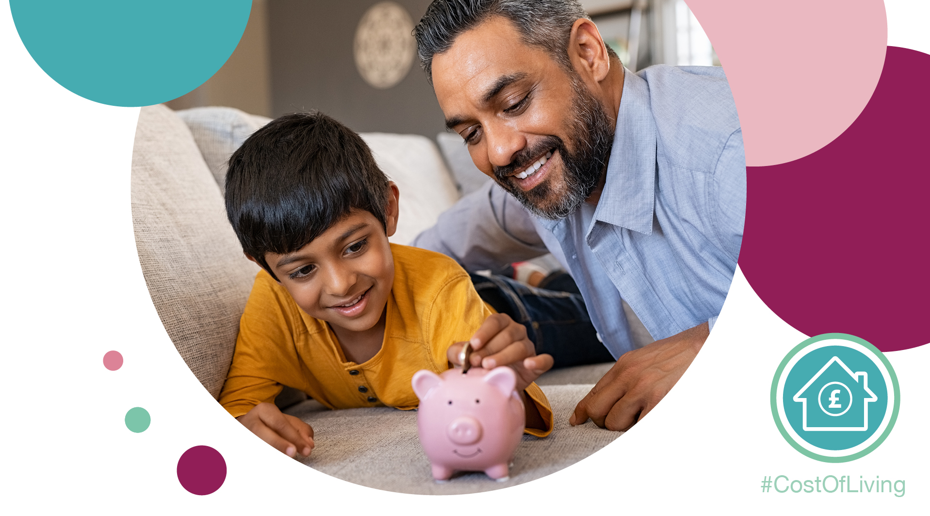 A man and his son putting a coin in the piggy bank
