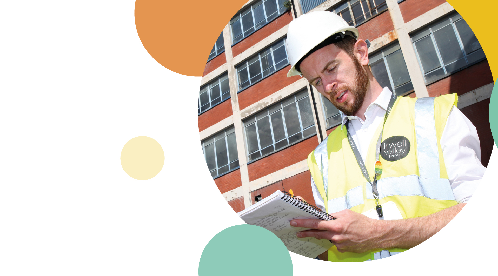 Irwell Valley Employee in a hardhat and high vis looking at the note pad