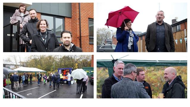 Four pictures of Irwell valley and Bolton at home staff with umbrellas in the rain