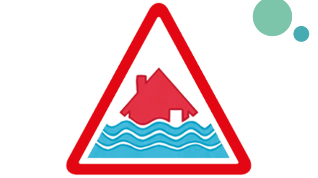 A triangle sign with a house being flooded 