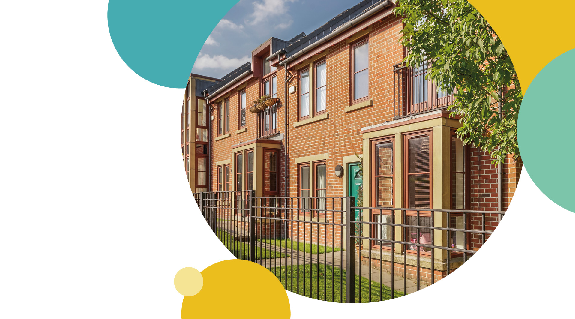 A house in the sunshine with a teal coloured door