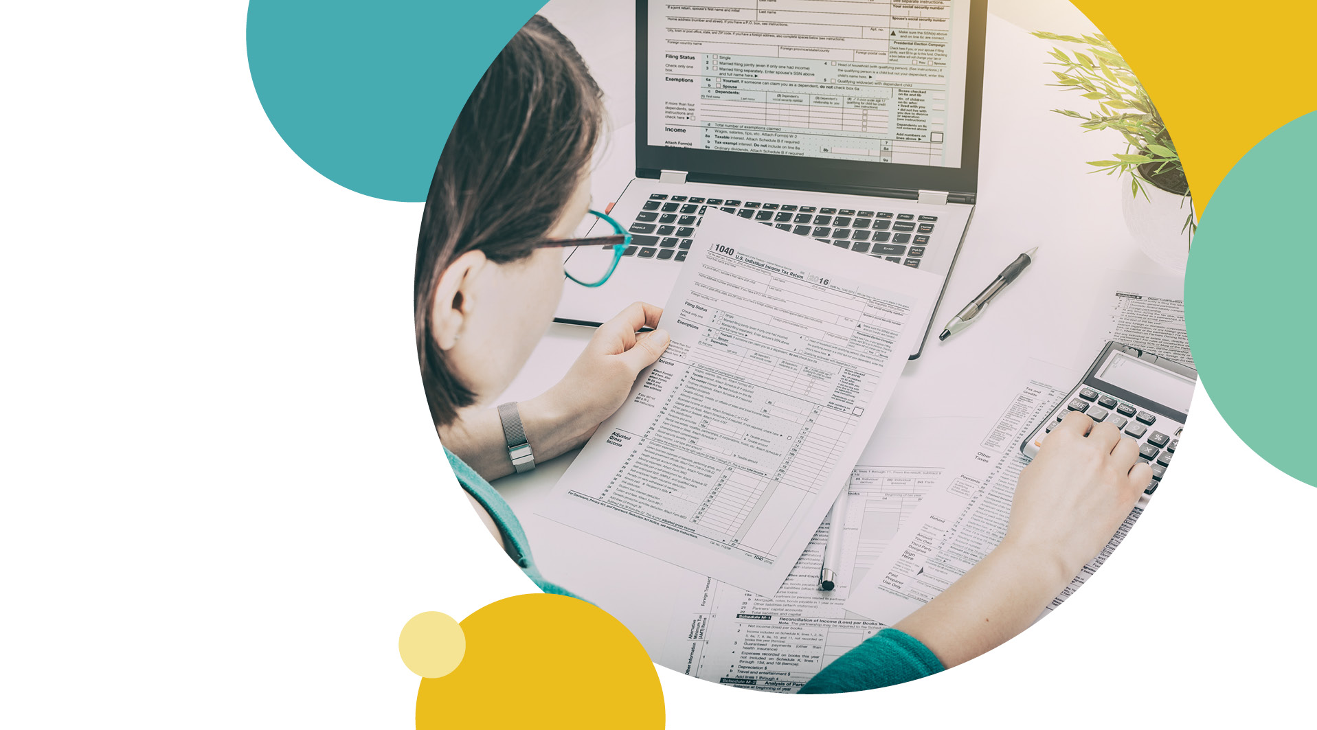 Woman analysing her letters and typing into a calculator 