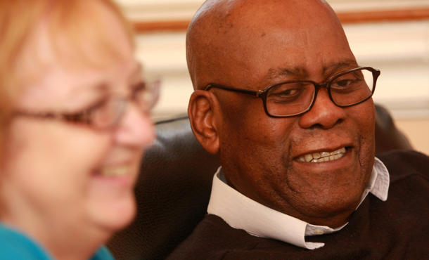 Two Irwell valley residents smiling on their chairs