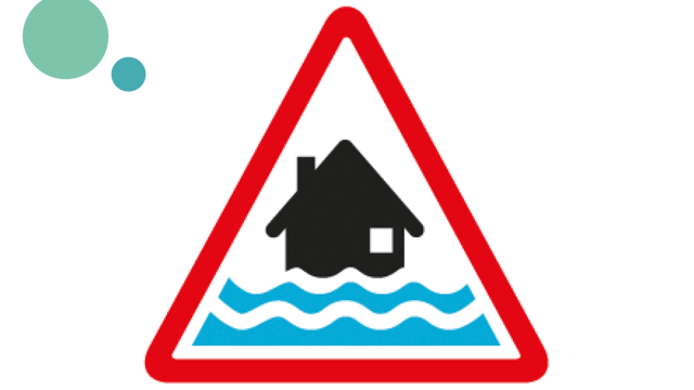 A triangle sign with a house being flooded 